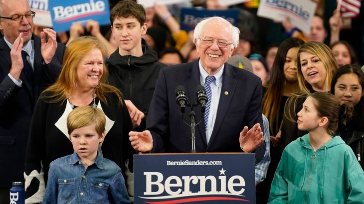 Democratic U.S. presidential candidate Senator Bernie Sanders is accompanied by his wife Jane O’Meara Sanders and other relatives as he speaks at his New Hampshire primary night rally in Manchester, N
