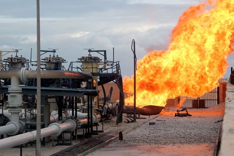 (FILE) A file photo dated 05 February 2011 showing huge flames erupting from a blast at Egyptian gas pipeline supplying Israel and Jordan in Al-Arish, Egypt. Reports on 06 December 2015 state an inter