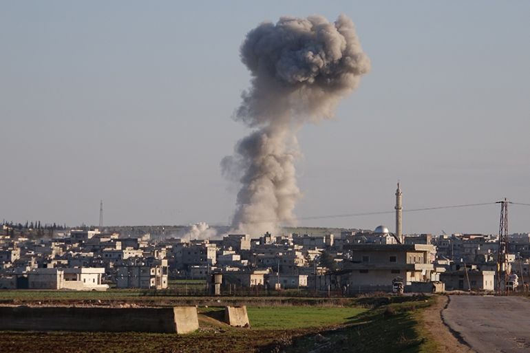 FEBRUARY 9: Smoke rises after Russian and Syrian regime forces carried out airstrikes in northwestern Syria’s Idlib de-escalation zone, killing at least 17 civilians, on February 9, 2020. The White He
