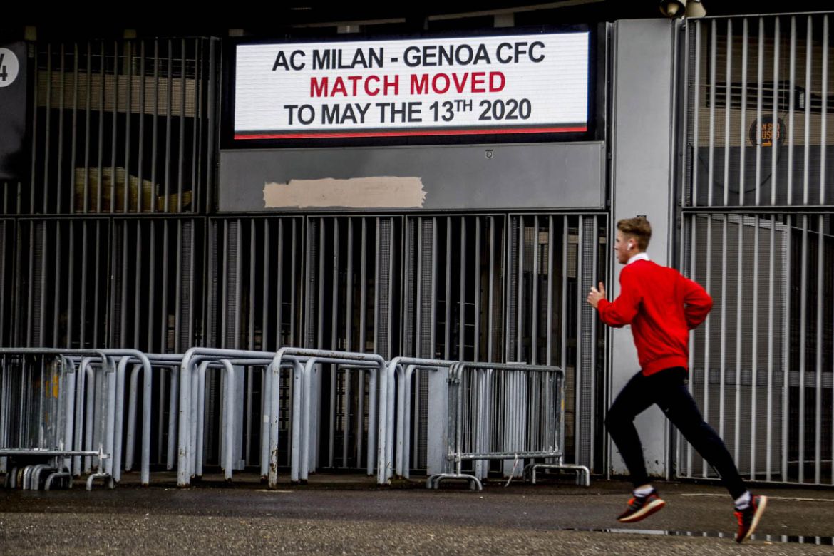 epa08261867 General view of the Giuseppe Meazza stadium closed due to the Coronavirus emergency in Milan, Italy, 01 March 2020. The Italian Serie A soccer match AC Milan vs Genoa CFC has been postpone