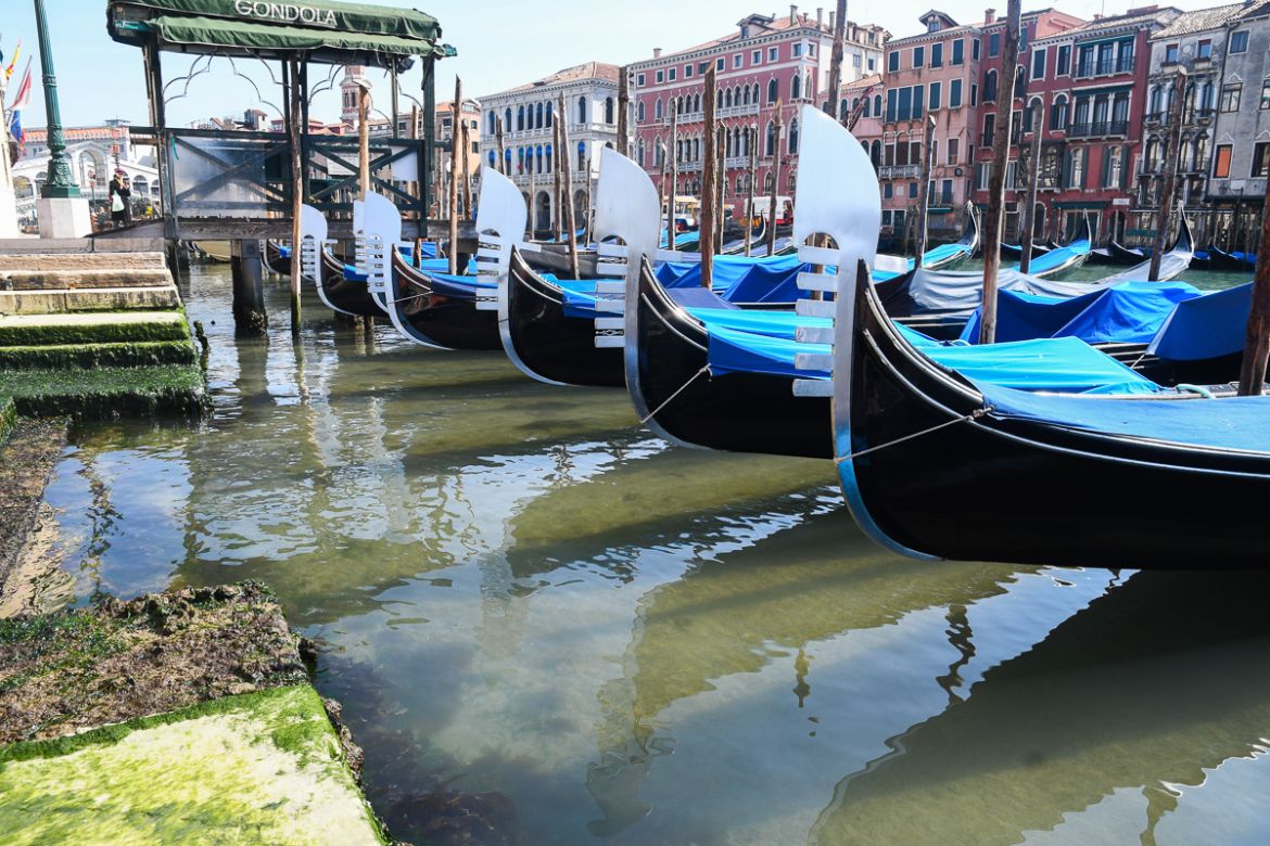 A view shows clearer waters by gondolas in Venice''s Grand Canal near the Rialto Bridge (Rear L) on March 17, 2020 as a result of the stoppage of motorboat traffic, following the country''s lockdown wit