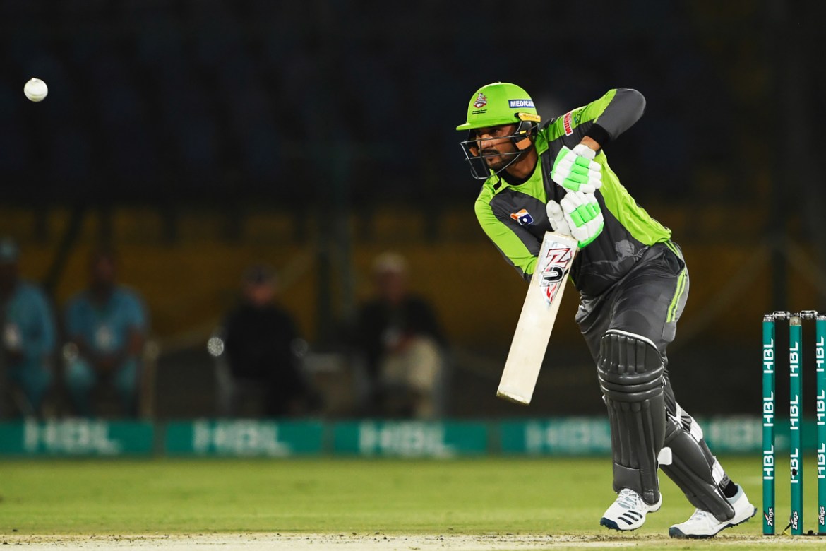 Lahore Qalandars''s captain Sohail Akhtar plays a shot during the T20 cricket match between Lahore Qalandars and Karachi Kings at the National Cricket Stadium in Karachi March 12, 2020. (Photo by Asif