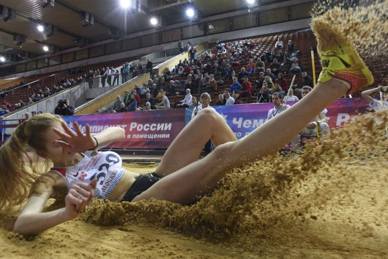 Russia''s Maria Privalova competes in the women''s triple jump event during the national athletics indoor championships in Moscow on February 27, 2020. The Russian Athletics Federation will hold an extr