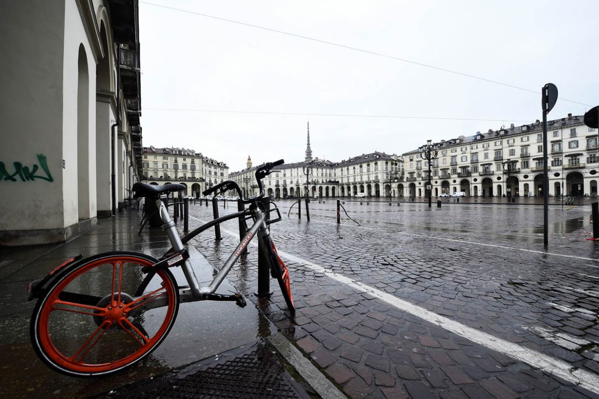 A bicycle parked in Vittorio Veneto square is seen in Turin usually full of tourists as a coronavirus outbreak continues to grow in Italy, in Turin, Italy, March 2, 2020. REUTERS/Massimo Pinca
