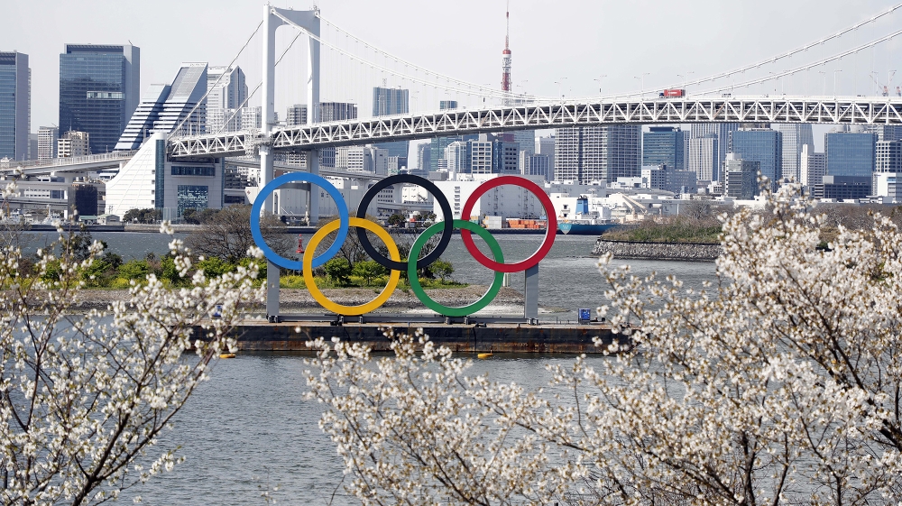 Mar 24, 2020; Tokyo, Japan; Olympic rings monument at Rainbow Bridge, Odaiba, Tokyo. On Monday the IOC announced that the Tokyo 2020 Summer Olympics Games would be postponed due to the COVID-19 corona