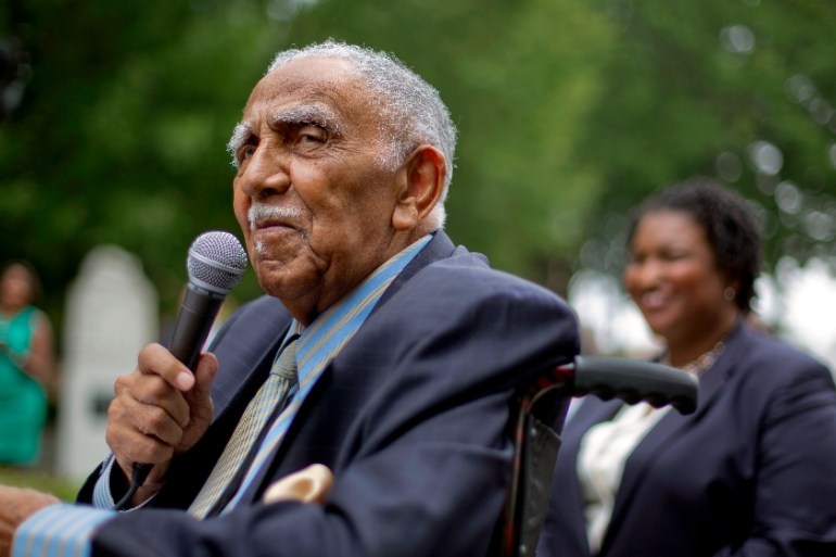 FILE - In this Aug. 14, 2013, file photo, civil rights leader the Rev. Joseph E. Lowery speaks at an event in Atlanta