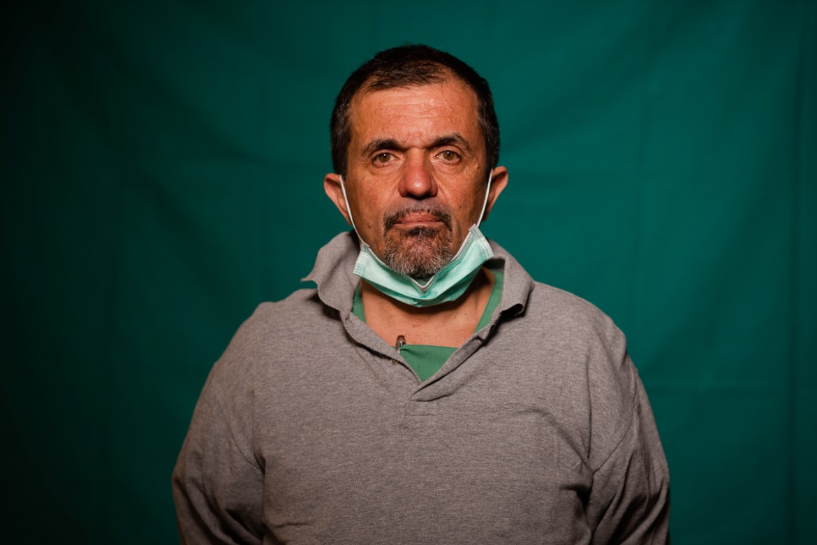 Doctor Sebastiano Petracca, 48, head physician of the ICU at the Rome''s COVID 3 Spoke Casalpalocco Clinic poses for a portrait, Friday, March 27, 2020, during a break in his daily shift. Their eyes ar