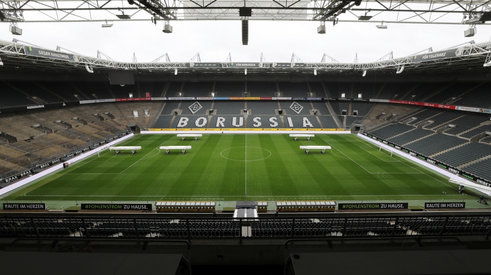 The pitch and stadium of Germany's first Bundesliga soccer club Borussia Moenchengladbach is pictured empty in Moenchengladbach, Germany, March 10, 2020. Borussia Moenchengladbach and the German socce