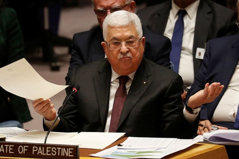 Palestinian President Mahmoud Abbas speaks during a Security Council meeting at the United Nations in New York, U.S., February 11, 2020. REUTERS/Shannon Stapleton