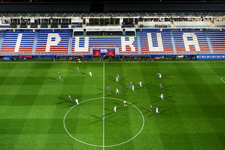 EIBAR, SPAIN - MARCH 10: A general view inside the empty stadium as fans cannot attend the match due to the medical emergency Covid-19 (Coronavirus) during the Liga match between SD Eibar SAD and Real