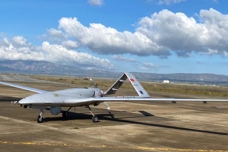 A Turkish-made Bayraktar TB2 drone is seen shortly after its landing at an airport in Gecitkala, known as Lefkoniko in Greek, in Cyprus, Monday, Dec. 16, 2019. Turkey has dispatched the surveillance a