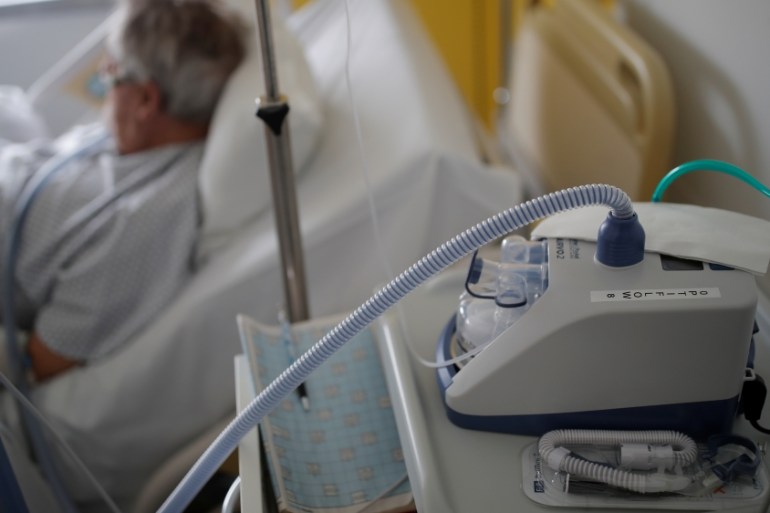 A nasal ventilator is pictured as a patient suffering from coronavirus disease is treated in a pulmonology unit at the hospital in Vannes