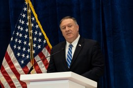US secretary of state Mike Pompeo at the press conference after the US - Taliban deal was signed in Doha, Qatar [Sorin Furcoi/Al Jazeera]