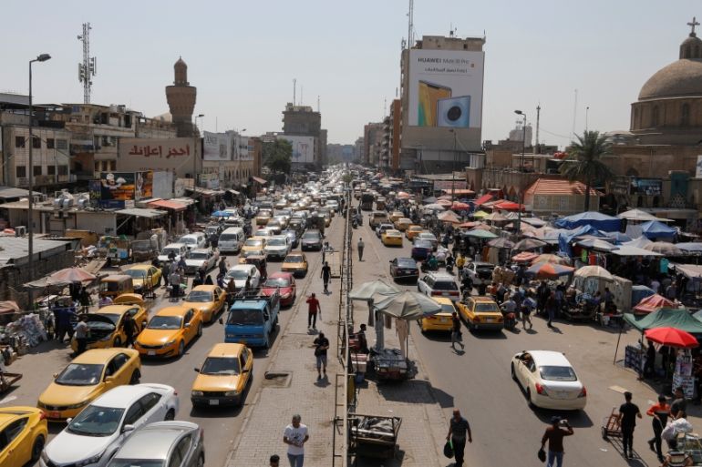 A general view of traffic, after the lockdown measures following the outbreak of the coronavirus disease (COVID-19) were partially eased, in Baghdad