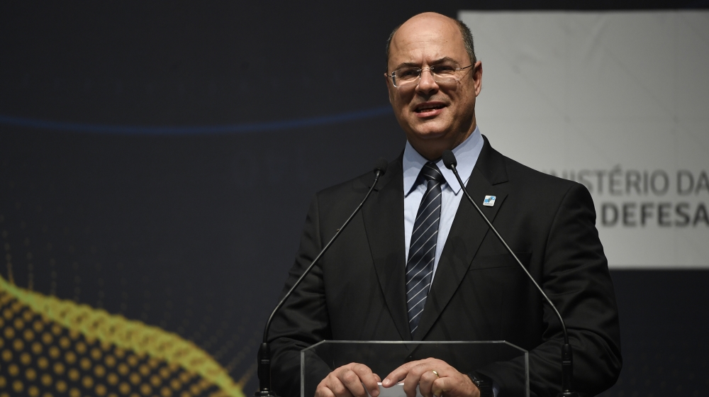 Rio de Janeiro's Governor Wilson Witzel speaks during the ceremony marking the assembly of the parts of Brazil's new Navy submarine Humaita (SBR-2), at the Itaguai Navy Complex in Rio de Janeiro, Braz