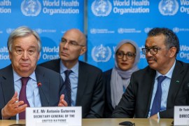 United Nations Secretary-General Antonio Guterres and the World Health Organization Director-General, Tedros Adhanom Ghebreyesus, give an update on COVID-19 in Geneva in February 2020 [File: Reuters]