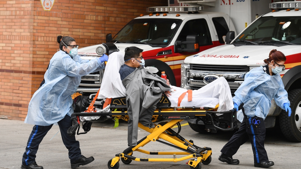 Medical staff move a patient into the Wyckoff Heights Medical Center emergency room on April 7, 2020 in Brooklyn, New York. New York state has recorded its highest number of COVID-19 deaths in 24 hour