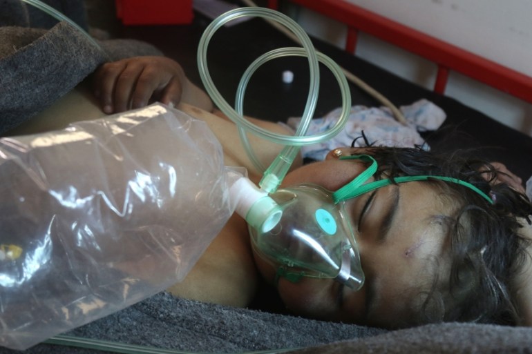 A Syrian child receives treatment at a small hospital in the town of Maaret al-Numan following a suspected toxic gas attack in Khan Sheikhun, a nearby rebel-held town in Syria’s northwestern Idlib pro