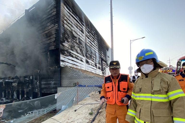 epa08390856 Firefighters after a fire engulfed a construction site for a distribution warehouse in Icheon, south of Seoul, South Korea, 29 April 2020. The fire, which broke out around 1:32 p.m. local