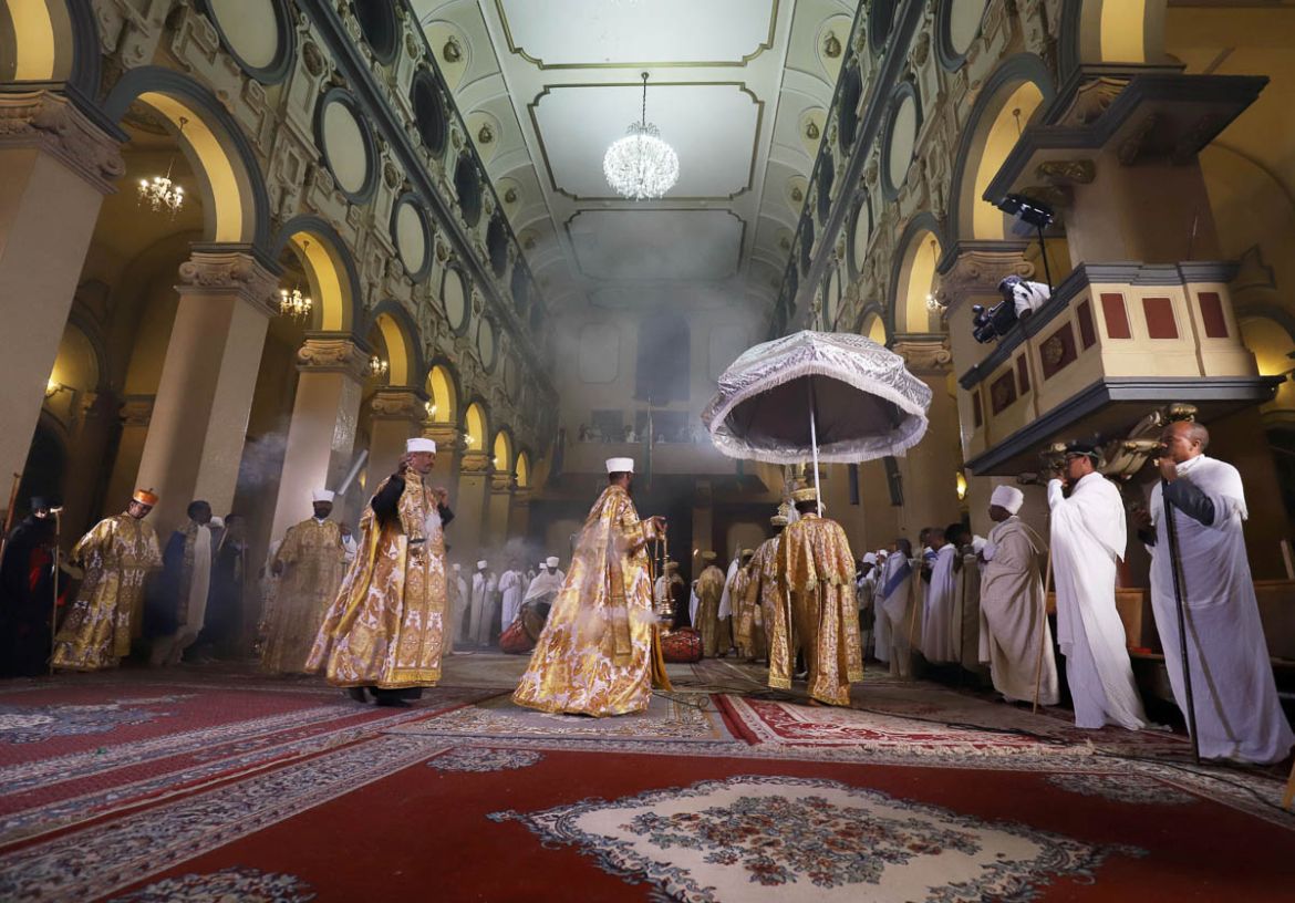 Ethiopian Orthodox deacons sing during the Easter eve sermon at the Holy Trinity Cathedral amid the coronavirus disease (COVID-19) outbreak Addis Ababa, Ethiopia, April 18, 2020. Picture taken April 1
