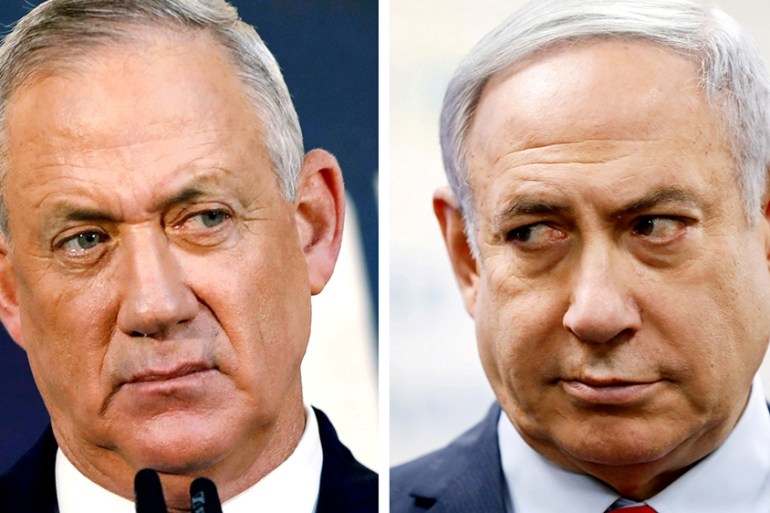 FILE PHOTO: A combination picture shows Benny Gantz, leader of Blue and White party, in Tel Aviv, Israel, November 23, 2019 and Israeli Prime Minister Benjamin Netanyahu in Kiryat Malachi, Israel Marc
