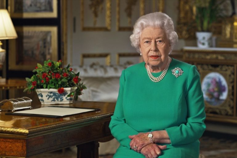 In a recent undated handout image released by Buckingham Palace on April 5, 2020 Britain''s Queen Elizabeth II records her address to the UK and the Commonwealth in relation to the coronavirus epidemic