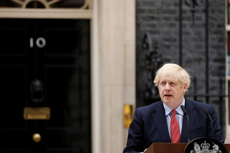 Britain''s Prime Minister Boris Johnson speaks outside 10 Downing Street after recovering from the coronavirus disease (COVID-19), London, Britain, April 27, 2020. REUTERS/John Sibley