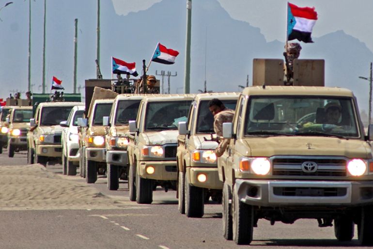 (FILES) A file photo taken on November 26, 2019, shows a reinforcement convoy of Yemen''s Security Belt Force dominated by members of the the Southern Transitional Council (STC) seeking independence fo