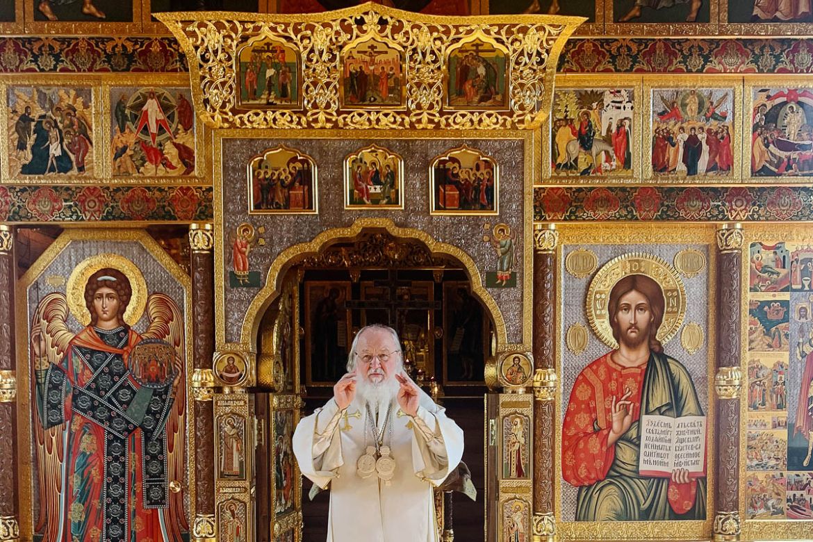 Russian Orthodox Patriarch Kirill conducts the service on the eve of the Orthodox Easter in his residence outside Moscow on April 18, 2020, during a strict lockdown in Russia to stop the spread of the