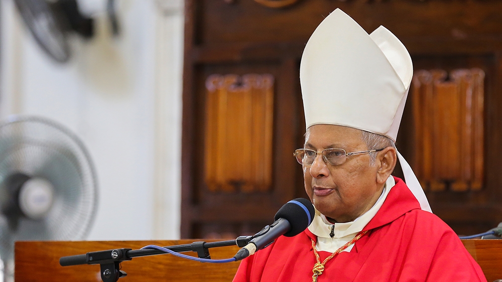 epa08355760 Archbishop of Colombo Cardinal Malcolm Ranjith holds an online Good Friday service at the almost deserted all Saints church†during an island-wide curfew,†in Colombo, Sri Lanka, 10 April 20