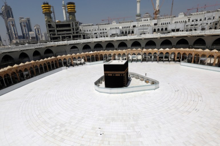 General view of Kaaba at the Grand Mosque which is almost empty of worshippers