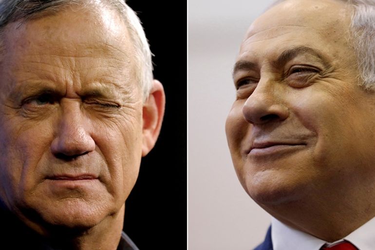 A combination picture shows Benny Gantz (left), leader of Blue and White party, at an election campaign event in Ashkelon, Israel, April 3, 2019, and Israeli Prime Minister Benjamin Netanyahu smiling