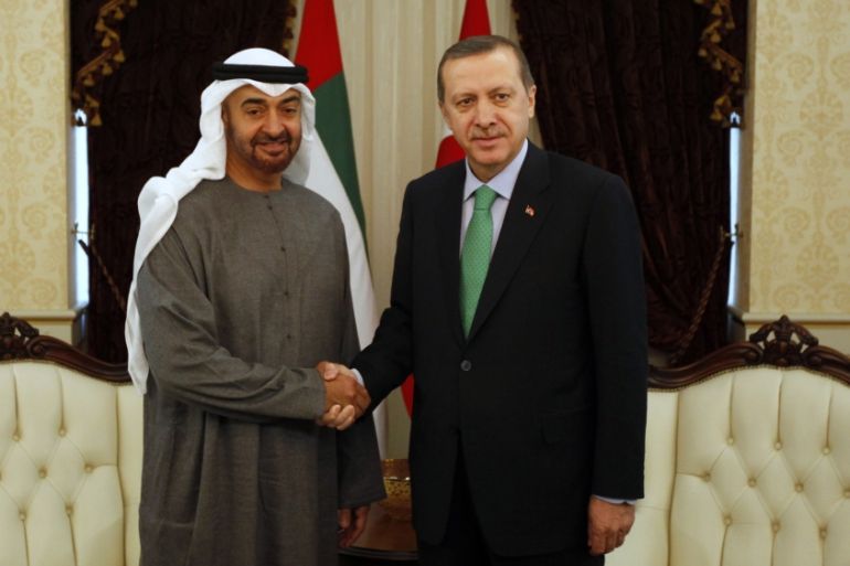 Abu Dhabi''s Crown Prince Sheikh Mohammed shakes hands with Turkey''s PM Erdogan before a meeting in Ankara