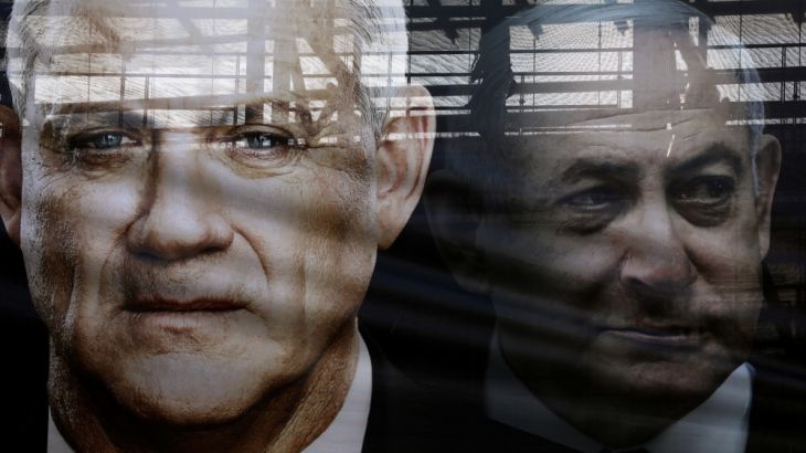 A banner depicts Benny Gantz, leader of Blue and White party, and Israel Prime minister Benjamin Netanyahu, as part of Blue and White party''s campaign ahead of the upcoming election, in Tel Aviv