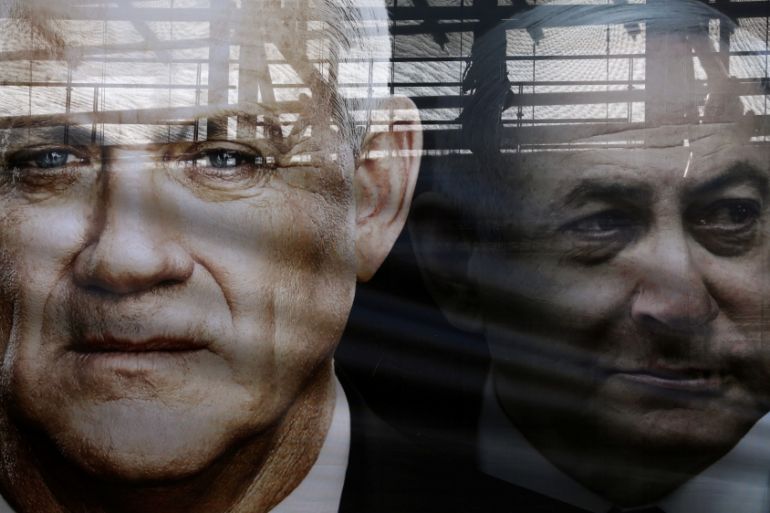 A banner depicts Benny Gantz, leader of Blue and White party, and Israel Prime minister Benjamin Netanyahu, as part of Blue and White party''s campaign ahead of the upcoming election, in Tel Aviv