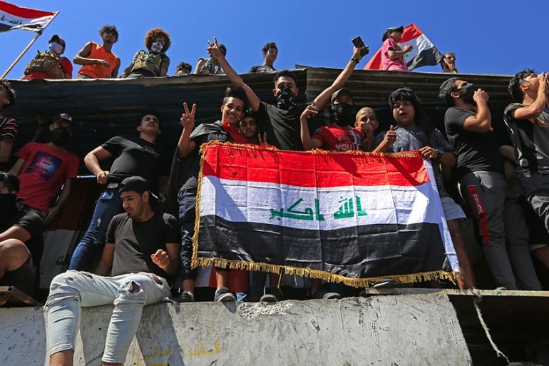 BAGHDAD, IRAQ - MAY 10: Iraqi demonstrators gather to stage a protest as the protests have started again after a break due to coronavirus (Covid-19) measures, in Baghdad, Iraq on May 10, 2020. ( Mur