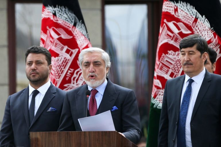 Afghanistan''s Abdullah Abdullah speaks to his supporters after his swearing-in ceremony as president, in Kabul