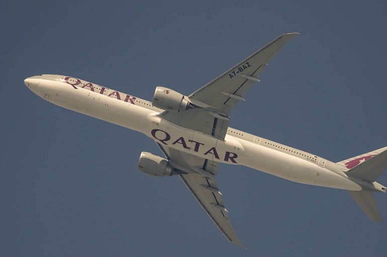 Qatar Airways Boeing 777 aircraft Flying from Doha to Kuwait on March 7, 2020 [Sorin Furcoi/Al Jazeera]