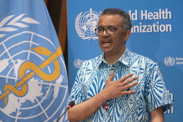 This handout image provided by the World Health Organization (WHO) on May 19, 2020, shows World Health Organization Director-General Tedros Adhanom Ghebreyesus reacting at the closing session of the W