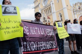 (FILES) In this file photo taken on April 1, 2020 journalists demonstrate against the murder of their colleague Maria Helena Ferral at Lerdo square in Xalapa, Veracruz state, Mexico
