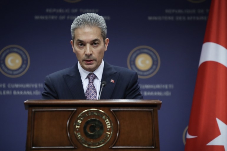Turkish Foreign Ministry Spokesman Hami Aksoy holds a press conference at the ministry in Ankara, Turkey [File: Cem Ozdel/Anadolu]