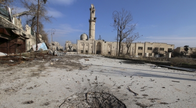 A general view shows the damage at the ancient al-Atroush mosque in the old city of Aleppo