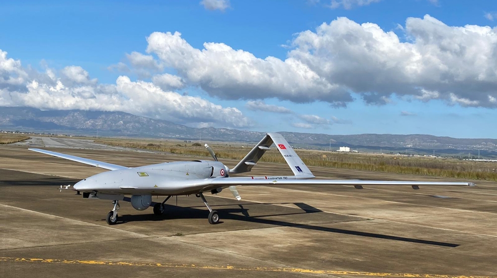 A Turkish-made Bayraktar TB2 drone is seen shortly after its landing at an airport in Gecitkala, known as Lefkoniko in Greek, in Cyprus, Monday, Dec. 16, 2019. Turkey has dispatched the surveillance a