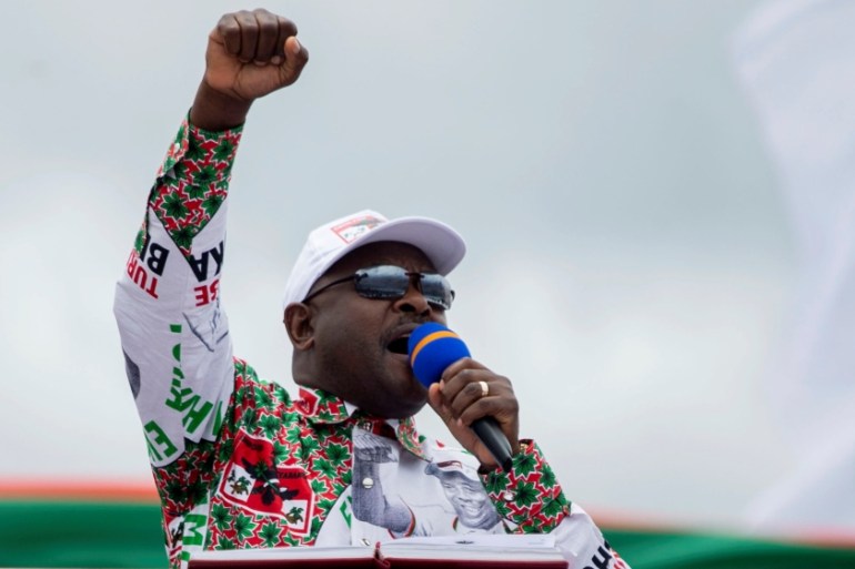Burundi''s President Pierre Nkurunziza addresses supporters during a campaign rally at the Bugendana Stadium in Gitega Province