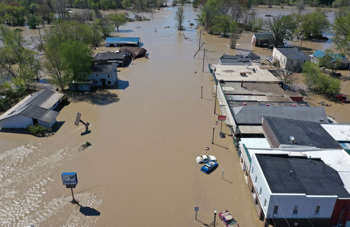 SANFORD, MICHIGAN - MAY 20: Aerial view of main street that is flooded after water from the Tittabawassee River breached a nearby dam on May 20, 2020 in Sanford, Michigan. Thousands of residents have