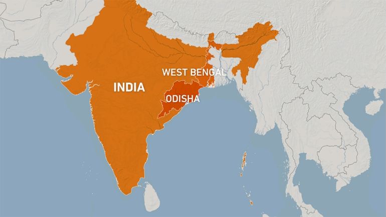 India''s east coast states of Odisha and and West Bengal Map