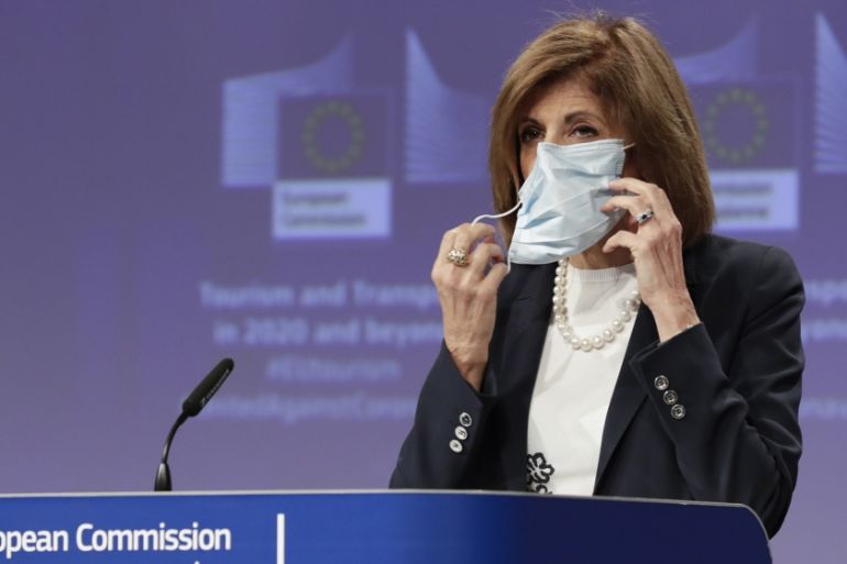 European Commissioner in charge of Health Stella Kyriakides wearing mask ahead of a press conference on the strategic orientations of the European Tourism and Transport Package at European Commission