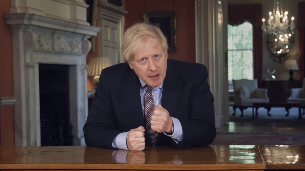 In this grab taken from video issued by Downing Street on Sunday, May 10, 2020, Britain's Prime Minister Boris Johnson delivers an address on lifting the country's lockdown amid the coronavirus pandem