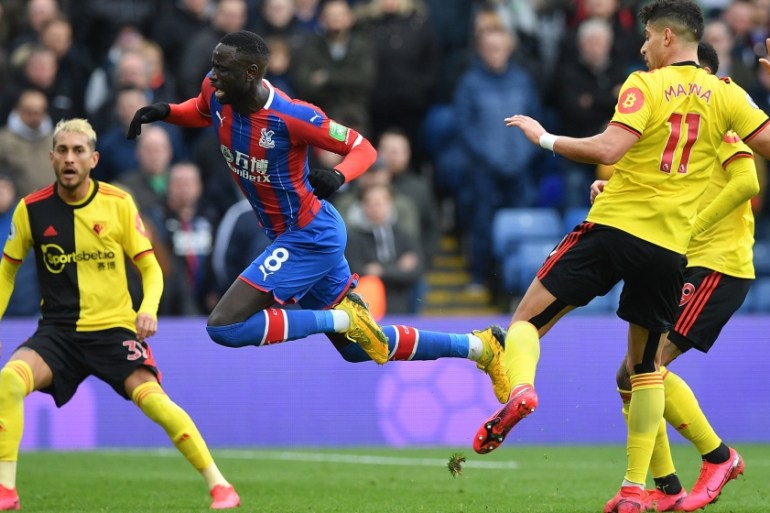 Watford''s Moroccan-born Italian defender Adam Masina (R) fouls Crystal Palace''s Senegalese midfielder Cheikhou Kouyate during the English Premier League football match between Crystal Palace and Watfo