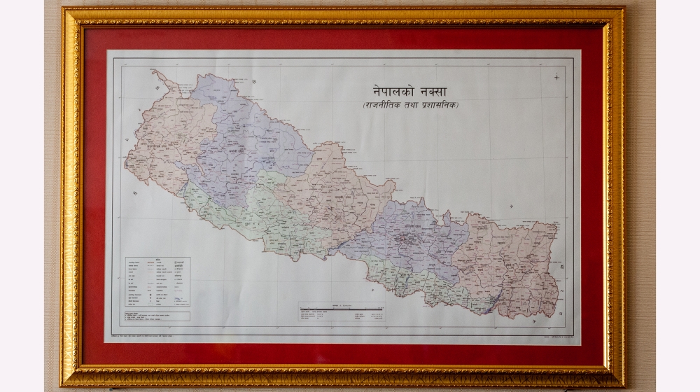 A view of Nepal's updated map is seen in a photo frame. Minister for Land Management Padma Aryal released the updated map of Nepal at a program on Wednesday at a time when Nepal and India have each be